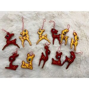 VTG CHINESE EMBROIDERED SILK FABRIC Kitschy Deer MCM Christmas ORNAMENTS - LOT